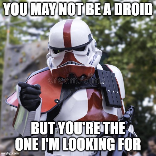 Happy Valentine's Day everyone! | YOU MAY NOT BE A DROID; BUT YOU'RE THE ONE I'M LOOKING FOR | image tagged in star wars,stormtrooper,valentine's day | made w/ Imgflip meme maker