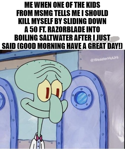 ME WHEN ONE OF THE KIDS FROM MSMG TELLS ME I SHOULD KILL MYSELF BY SLIDING DOWN A 50 FT. RAZORBLADE INTO BOILING SALTWATER AFTER I JUST SAID (GOOD MORNING HAVE A GREAT DAY!) | made w/ Imgflip meme maker