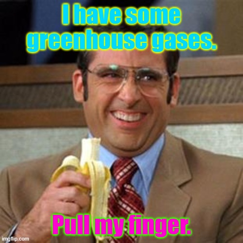 steve carrell banana | I have some greenhouse gases. Pull my finger. | image tagged in steve carrell banana | made w/ Imgflip meme maker