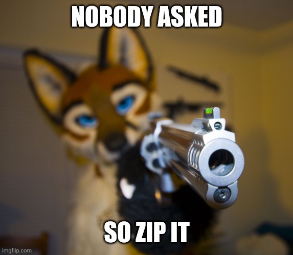Furry with gun | NOBODY ASKED; SO ZIP IT | image tagged in furry with gun,who asked,furry | made w/ Imgflip meme maker
