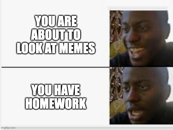 sad | YOU ARE ABOUT TO LOOK AT MEMES; YOU HAVE HOMEWORK | image tagged in happy then sad | made w/ Imgflip meme maker