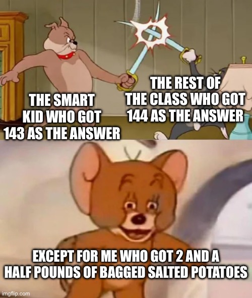 am I being dumb? hello? | THE REST OF THE CLASS WHO GOT 144 AS THE ANSWER; THE SMART KID WHO GOT 143 AS THE ANSWER; EXCEPT FOR ME WHO GOT 2 AND A HALF POUNDS OF BAGGED SALTED POTATOES | image tagged in tom and spike fighting,memes,funny,test,smart,off | made w/ Imgflip meme maker