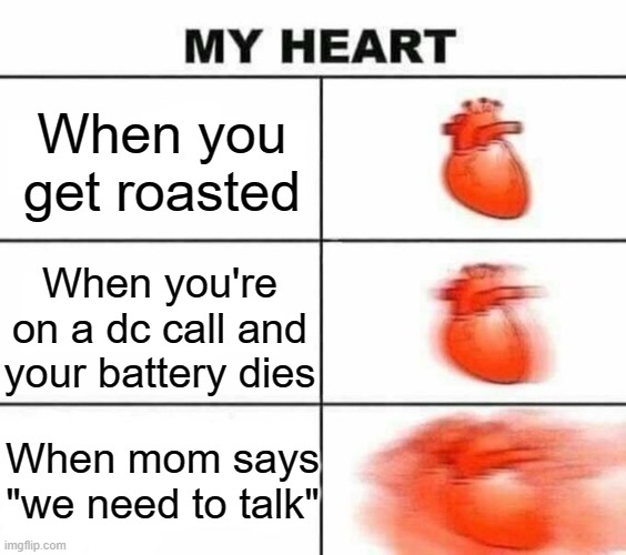 My heart blank | When you get roasted; When you're on a dc call and your battery dies; When mom says "we need to talk" | image tagged in my heart blank | made w/ Imgflip meme maker