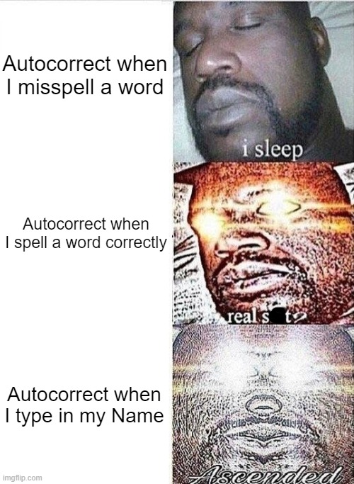 So true. | Autocorrect when I misspell a word; Autocorrect when I spell a word correctly; Autocorrect when I type in my Name | image tagged in sleeping shaq,memes,autocorrect,funny,true story,relatable memes | made w/ Imgflip meme maker