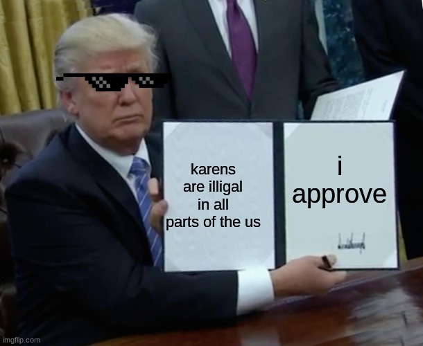 Trump Bill Signing | karens are illigal in all parts of the us; i approve | image tagged in memes,trump bill signing | made w/ Imgflip meme maker