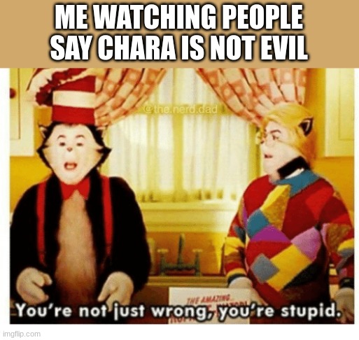 C'mon | ME WATCHING PEOPLE SAY CHARA IS NOT EVIL | image tagged in you're not just wrong your stupid | made w/ Imgflip meme maker