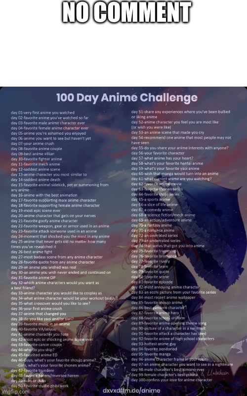 Day 62: uhh uhhh | NO COMMENT | image tagged in blank white template,100 day anime challenge | made w/ Imgflip meme maker