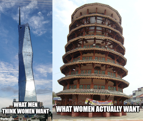 It's not the size that matters | WHAT WOMEN ACTUALLY WANT; WHAT MEN THINK WOMEN WANT | image tagged in tower,malaysia | made w/ Imgflip meme maker