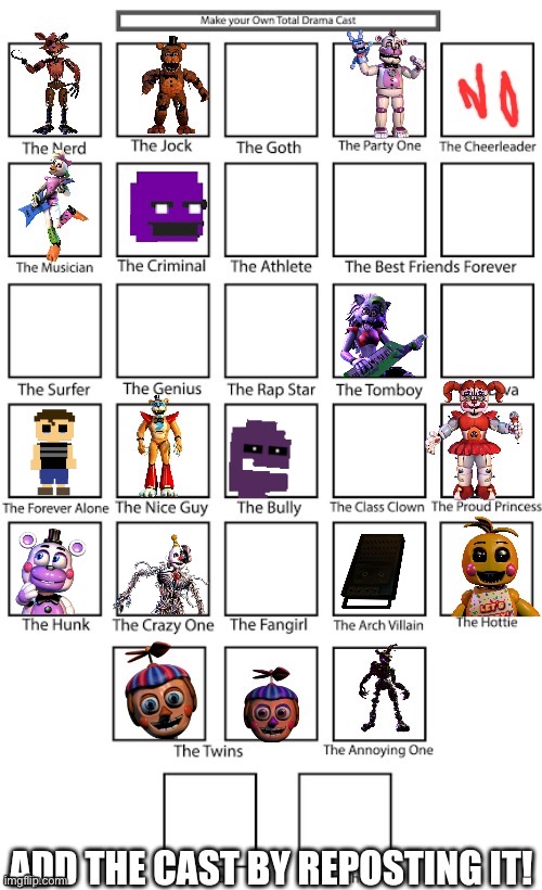 Add the cast by reposting | image tagged in fnaf,repost | made w/ Imgflip meme maker