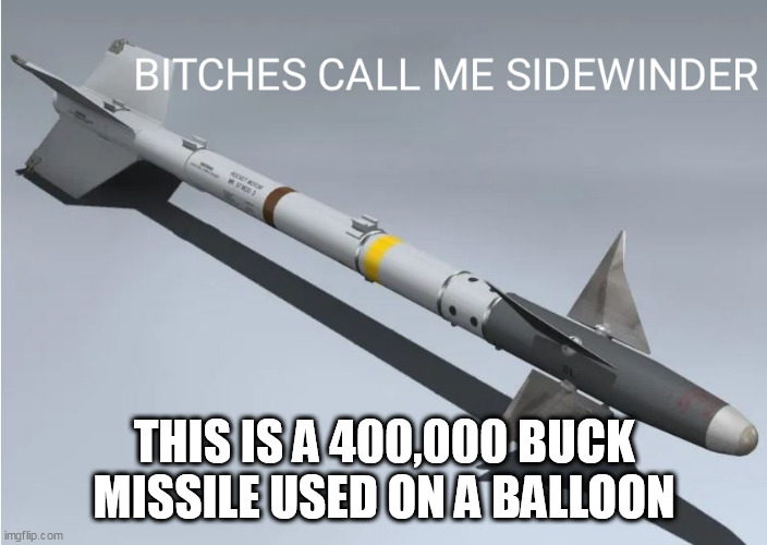 Sidewinder | THIS IS A 400,000 BUCK MISSILE USED ON A BALLOON | image tagged in sidewinder | made w/ Imgflip meme maker