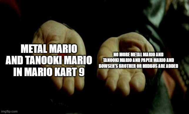 Choose Wisely | METAL MARIO AND TANOOKI MARIO IN MARIO KART 9; NO MORE METAL MARIO AND TANOOKI MARIO AND PAPER MARIO AND BOWSER'S BROTHER OR MIDBUS ARE ADDED | image tagged in matrix pills | made w/ Imgflip meme maker