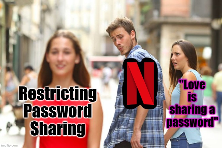 ''Are you still smart?'' | ''Love is sharing a password''; Restricting Password Sharing | image tagged in memes,distracted boyfriend,netflix | made w/ Imgflip meme maker