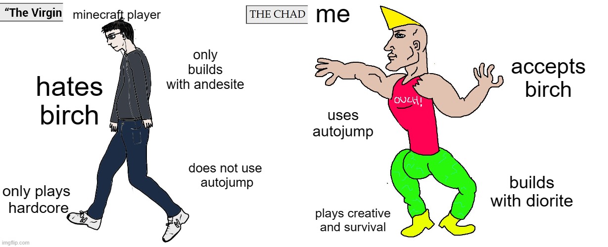 *laughs inside of birch house with diorite floors* | minecraft player; me; only builds
with andesite; accepts birch; hates birch; uses autojump; does not use 
autojump; builds with diorite; only plays 
hardcore; plays creative and survival | image tagged in virgin and chad,minecraft | made w/ Imgflip meme maker