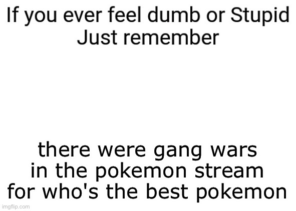 If you ever feel dumb or stupid just remember | there were gang wars in the pokemon stream for who's the best pokemon | image tagged in if you ever feel dumb or stupid just remember | made w/ Imgflip meme maker