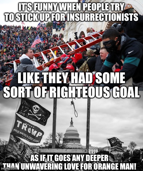 IT’S FUNNY WHEN PEOPLE TRY TO STICK UP FOR INSURRECTIONISTS; LIKE THEY HAD SOME SORT OF RIGHTEOUS GOAL; AS IF IT GOES ANY DEEPER THAN UNWAVERING LOVE FOR ORANGE MAN! | image tagged in qanon - insurrection - trump riot - sedition,noose at the capitol | made w/ Imgflip meme maker