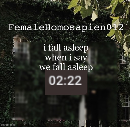 i was supposed to go to bed at 9PM, IT IS NOW TWO IN THE MORNING | i fall asleep when i say we fall asleep | image tagged in femalehomosapien012 | made w/ Imgflip meme maker