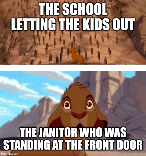 School | THE SCHOOL LETTING THE KIDS OUT; THE JANITOR WHO WAS STANDING AT THE FRONT DOOR | image tagged in lion king stampede | made w/ Imgflip meme maker