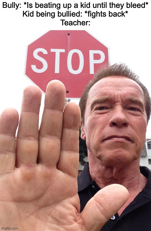 school moment | Bully: *Is beating up a kid until they bleed*
Kid being bullied: *fights back*
Teacher: | image tagged in arnold schwarzenegger stop,school | made w/ Imgflip meme maker