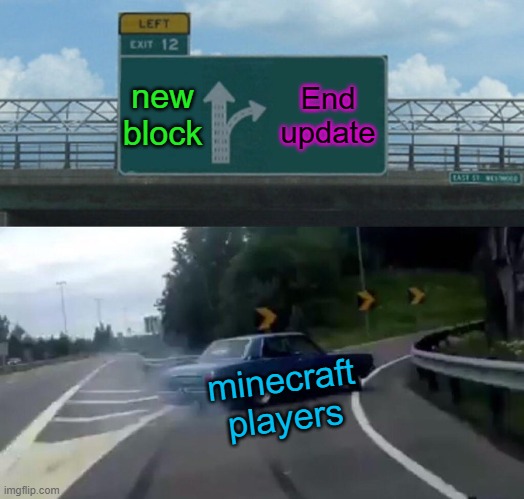 Minecraft | new
block; End
update; minecraft
players | image tagged in memes,left exit 12 off ramp | made w/ Imgflip meme maker