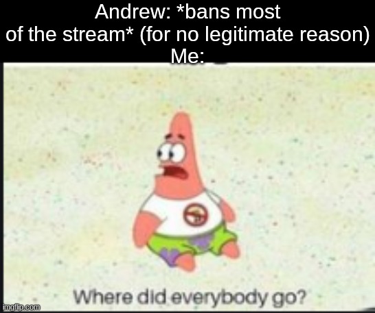 *le sadness* | Andrew: *bans most of the stream* (for no legitimate reason)
Me: | image tagged in alone patrick | made w/ Imgflip meme maker