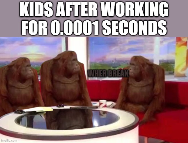 Kids be like... | KIDS AFTER WORKING FOR 0.0001 SECONDS; WHER BREAK | image tagged in where monkey | made w/ Imgflip meme maker