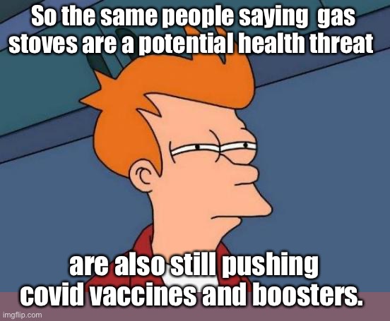 Do gas stoves trigger underlying health issues and are they linked to suddenly and unexpected? |  So the same people saying  gas stoves are a potential health threat; are also still pushing covid vaccines and boosters. | image tagged in memes,futurama fry,politics lol | made w/ Imgflip meme maker