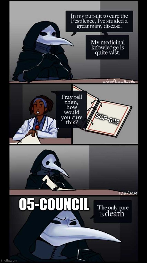 The only cure is death | SCP-682; O5-COUNCIL | image tagged in scp-49 the only cure is death,scp-682,scp | made w/ Imgflip meme maker