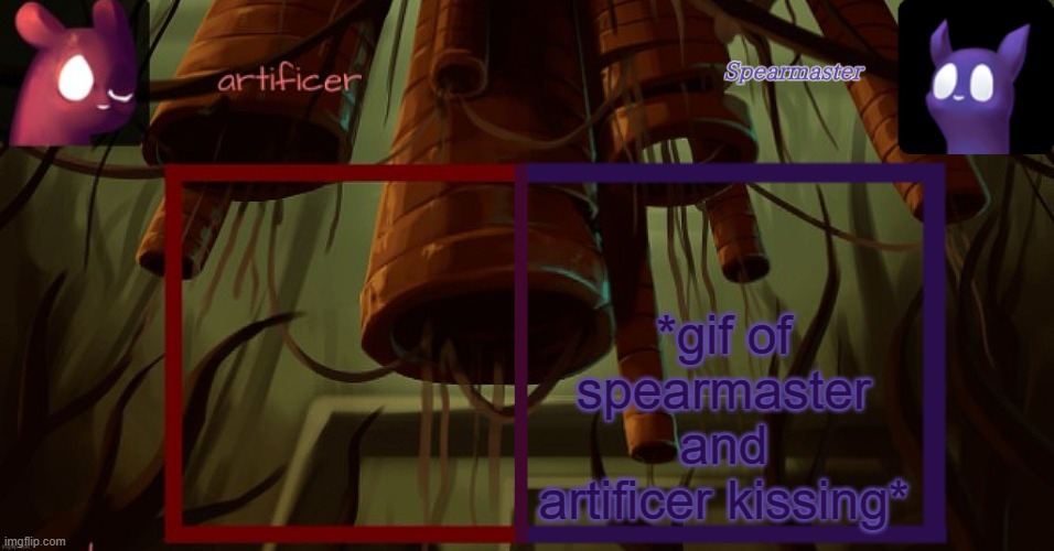 Artificer and spearmaster temp | *gif of spearmaster and artificer kissing* | image tagged in artificer and spearmaster temp | made w/ Imgflip meme maker
