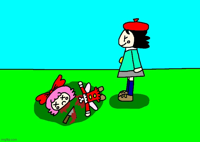 Adeleine got a knife and she killed Ribbon with it | image tagged in kirby,gore,blood,funny,cute,fanart | made w/ Imgflip meme maker