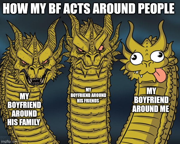 How my BF acts around people | HOW MY BF ACTS AROUND PEOPLE; MY BOYFRIEND AROUND ME; MY BOYFRIEND AROUND HIS FRIENDS; MY BOYFRIEND AROUND HIS FAMILY | image tagged in three-headed dragon | made w/ Imgflip meme maker