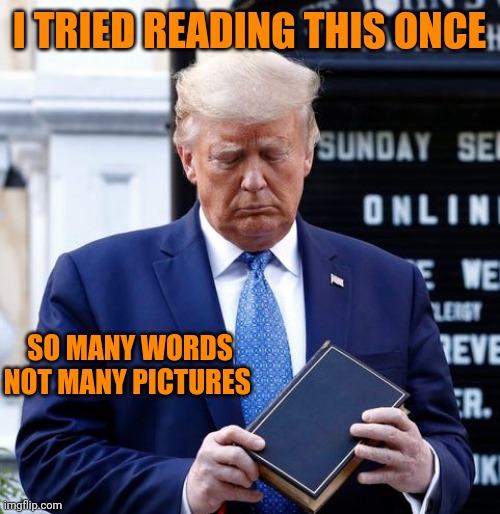 Trump Bible Riots | I TRIED READING THIS ONCE; SO MANY WORDS NOT MANY PICTURES | image tagged in trump bible riots | made w/ Imgflip meme maker