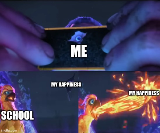 . | ME; MY HAPPINESS; MY HAPPINESS; SCHOOL | image tagged in phoenix burning wish,school,homework,relatable | made w/ Imgflip meme maker