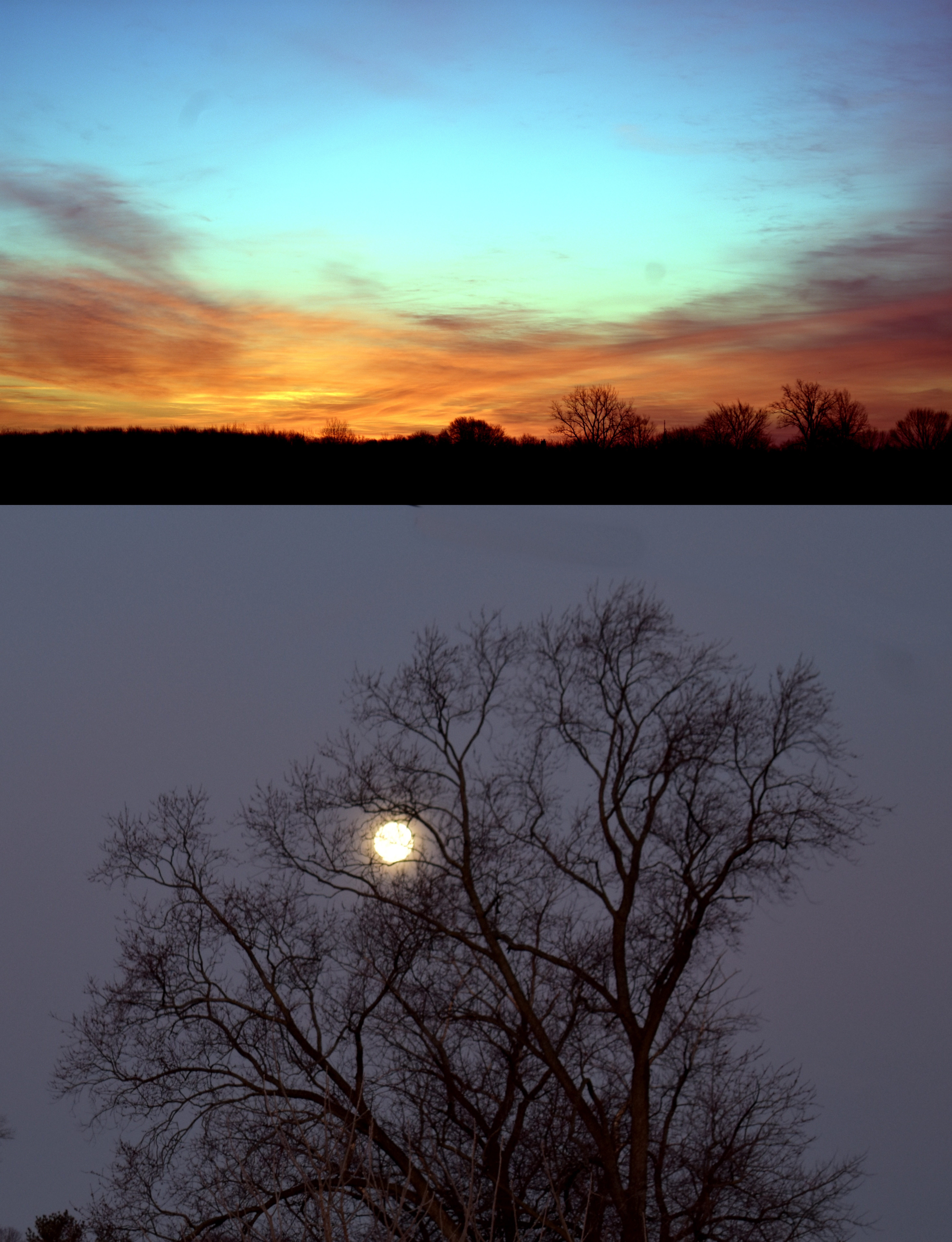 Top photo due east at dawn. bottom photo I just turned around due west and got the moon setting. | image tagged in dawn,kewlew | made w/ Imgflip meme maker