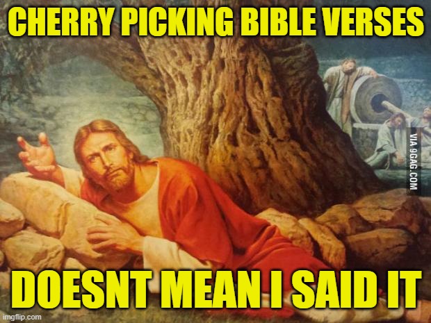 Pissed off jesus | CHERRY PICKING BIBLE VERSES DOESNT MEAN I SAID IT | image tagged in pissed off jesus | made w/ Imgflip meme maker