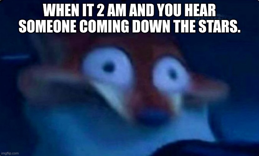 Nick Wilde | WHEN IT 2 AM AND YOU HEAR SOMEONE COMING DOWN THE STARS. | image tagged in nick wilde | made w/ Imgflip meme maker