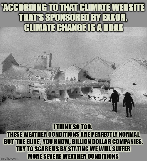 Are 'the people' really so stupid they don't realize companies like Exxon áre 'the elite' they say they hate? | 'ACCORDING TO THAT CLIMATE WEBSITE 
THAT'S SPONSORED BY EXXON, 
CLIMATE CHANGE IS A HOAX; I THINK SO TOO. 
THESE WEATHER CONDITIONS ARE PERFECTLY NORMAL
BUT 'THE ELITE', YOU KNOW, BILLION DOLLAR COMPANIES,
TRY TO SCARE US BY STATING WE WILL SUFFER
MORE SEVERE WEATHER CONDITIONS | image tagged in exxon,paris climate deal,cold weather,global warming,we the people | made w/ Imgflip meme maker