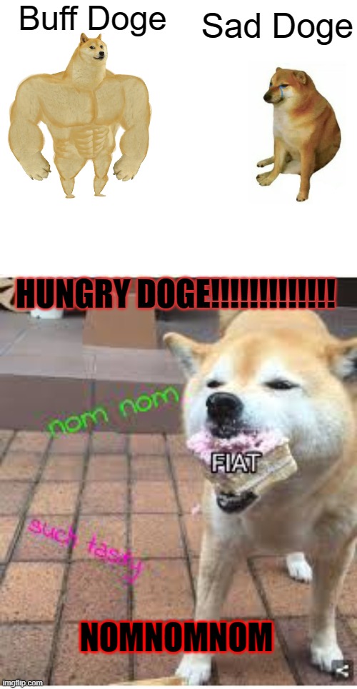 Buff Doge; Sad Doge; HUNGRY DOGE!!!!!!!!!!!!! NOMNOMNOM | image tagged in memes,buff doge vs cheems | made w/ Imgflip meme maker