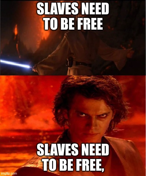 high ground | SLAVES NEED TO BE FREE; SLAVES NEED TO BE FREE, | image tagged in high ground | made w/ Imgflip meme maker