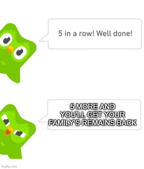 Huh, I thought they went shopping | 5 MORE AND YOU'LL GET YOUR FAMILY'S REMAINS BACK | image tagged in duolingo 5 in a row,fun,memes,duolingo | made w/ Imgflip meme maker