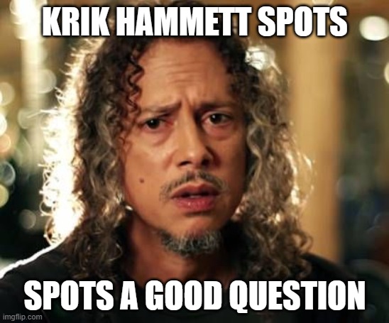 Kirk Hammett | KRIK HAMMETT SPOTS SPOTS A GOOD QUESTION | image tagged in kirk hammett | made w/ Imgflip meme maker