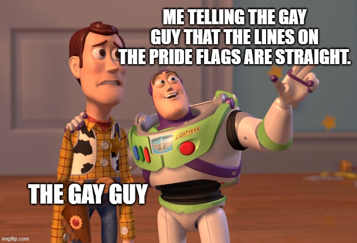 even the lines are straight | ME TELLING THE GAY GUY THAT THE LINES ON THE PRIDE FLAGS ARE STRAIGHT. THE GAY GUY | image tagged in memes,x x everywhere | made w/ Imgflip meme maker