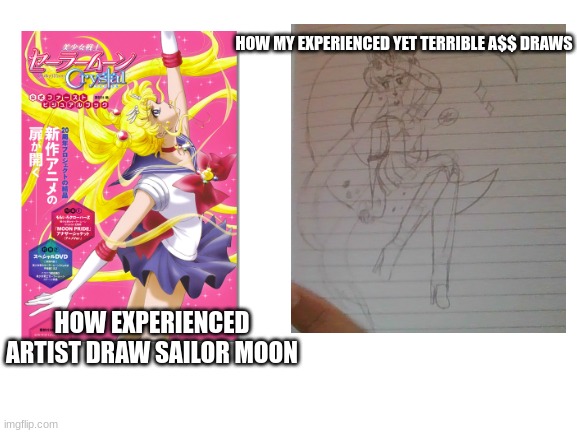 Naoko Takeuchi would be disappointed | HOW MY EXPERIENCED YET TERRIBLE A$$ DRAWS; HOW EXPERIENCED ARTIST DRAW SAILOR MOON | image tagged in blank white template | made w/ Imgflip meme maker