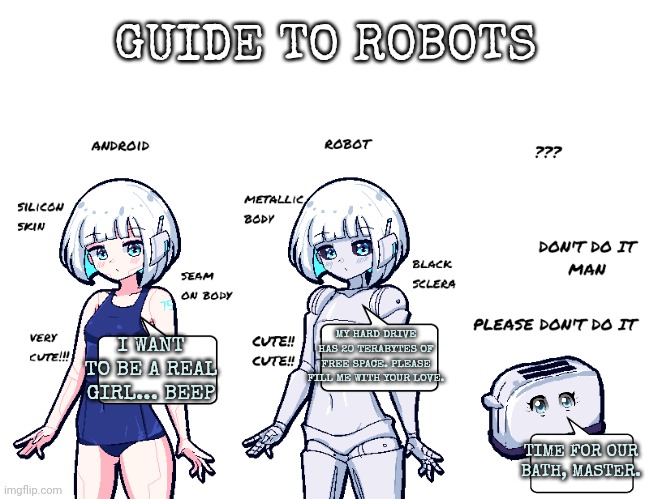 Robot gurls | GUIDE TO ROBOTS; MY HARD DRIVE HAS 20 TERABYTES OF FREE SPACE. PLEASE FILL ME WITH YOUR LOVE. I WANT TO BE A REAL GIRL... BEEP; TIME FOR OUR BATH, MASTER. | image tagged in robot,anime girl,toaster chan,stop it get some help,anime | made w/ Imgflip meme maker