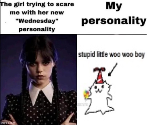 The girl trying to scare me with her new Wednesday personality | image tagged in the girl trying to scare me with her new wednesday personality | made w/ Imgflip meme maker