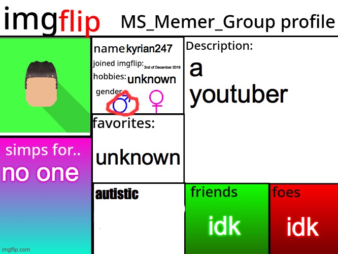 MSMG Profile | kyrian247; a youtuber; 2nd of December 2019; unknown; unknown; no one; autistic; idk; idk | image tagged in msmg profile | made w/ Imgflip meme maker