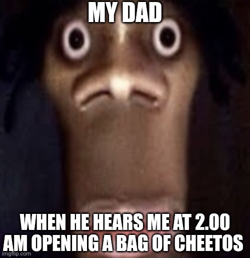 Quandale dingle | MY DAD; WHEN HE HEARS ME AT 2.00 AM OPENING A BAG OF CHEETOS | image tagged in quandale dingle | made w/ Imgflip meme maker