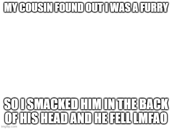 this happened yesterday | MY COUSIN FOUND OUT I WAS A FURRY; SO I SMACKED HIM IN THE BACK OF HIS HEAD AND HE FELL LMFAO | made w/ Imgflip meme maker