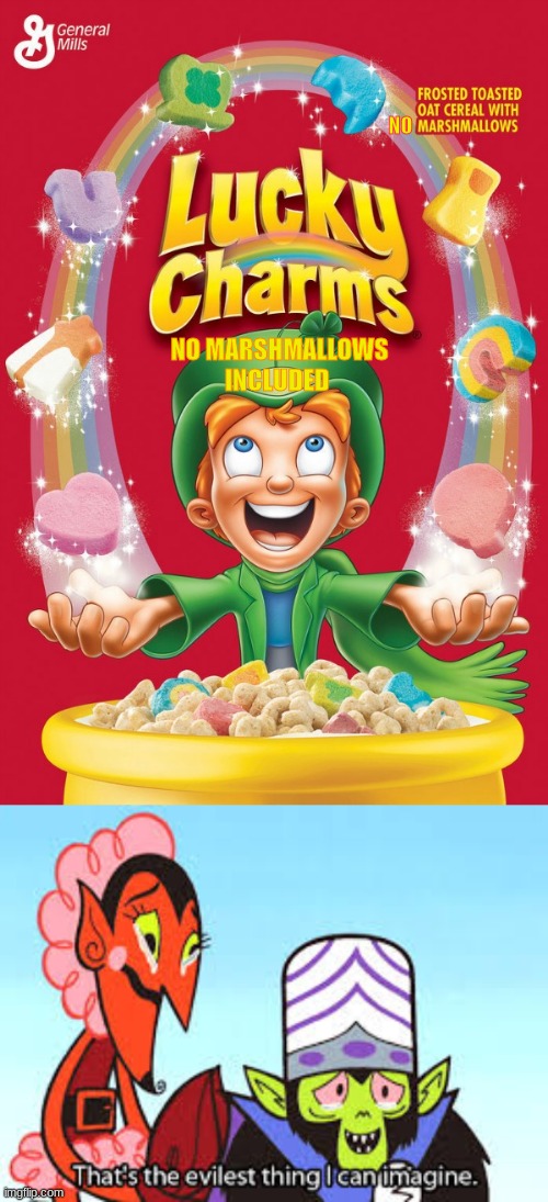 NO; NO MARSHMALLOWS INCLUDED | image tagged in lucky charms,the most evil thing i can imagine | made w/ Imgflip meme maker