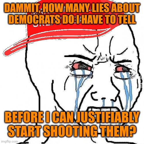 MAGAt "logic" | DAMMIT, HOW MANY LIES ABOUT
DEMOCRATS DO I HAVE TO TELL; BEFORE I CAN JUSTIFIABLY START SHOOTING THEM? | image tagged in crying wojak maga,domestic terrorism,traitors | made w/ Imgflip meme maker