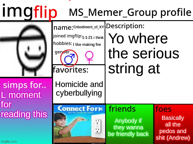 MSMG Profile | Enbodiment_of_KYS; Yo where the serious string at; 1-1-21 i think; I like making fire; Homicide and cyberbullying; L moment for reading this; Basically all the pedos and shit (Andrew); Anybody if they wanna be friendly back | image tagged in msmg profile | made w/ Imgflip meme maker